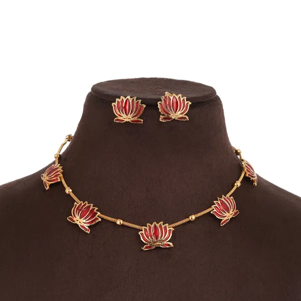 Gold_Tone_Red_Enamel_Lotus_Motif_Necklace_Earrings_Set