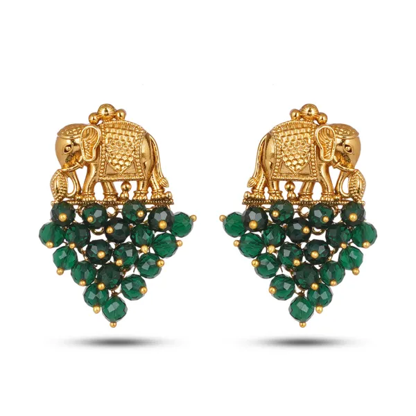 Gold_Plated_Elephant_Motif_Green_Crystal_Bead_Drop_Earrings