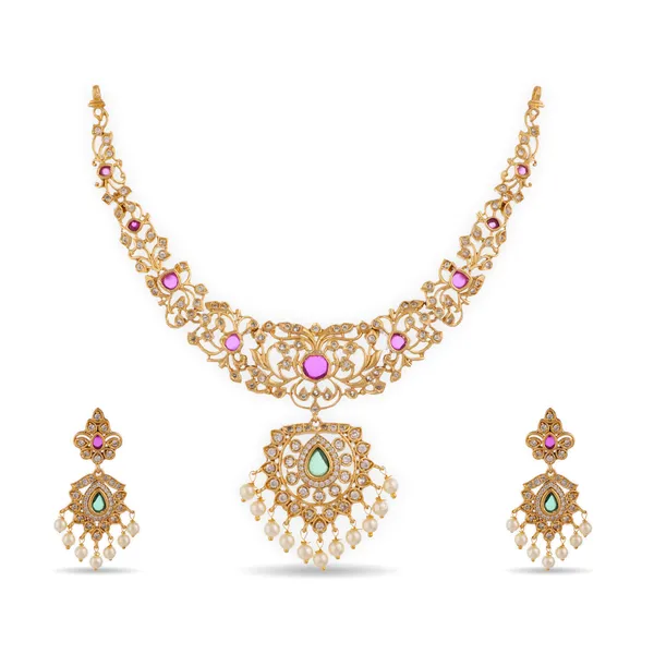 Gold_Plated_Pink_Green_Kundan_Pearl_Necklace_Set_For_Women