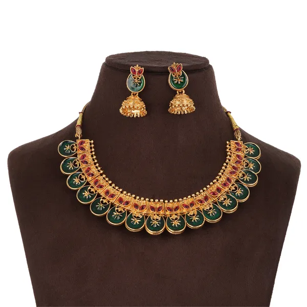 Green_Pink_Enamel_Meenakari_Gold_Plated_Necklace_Set_With_Jhumka_Earrings