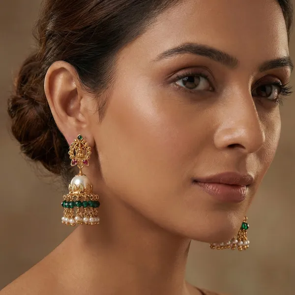 Pearl_&_Lakshmi_Devi_Jhumka_Earrings_Micro_Gold_Plated