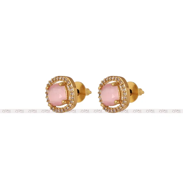 Pink_Stone_Gold_Plated_Stud_Earrings_With_Chain_Necklace_Set