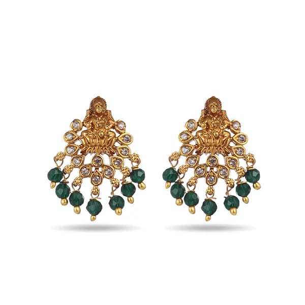 Green_Beads_&_Zircons_Studded_Gold_Plated_Lakshmi_Temple_jewellery_Earrings