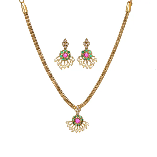 Gold_Plated_Pink_Green_Stone_Pearl_Drop_Necklace_Set_For_Women
