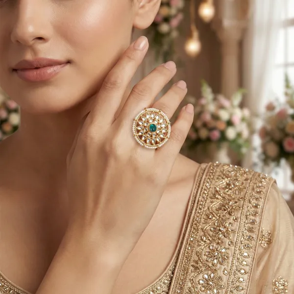 Gold_Kundan_Green_Stone_Floral_Ring_For_Women