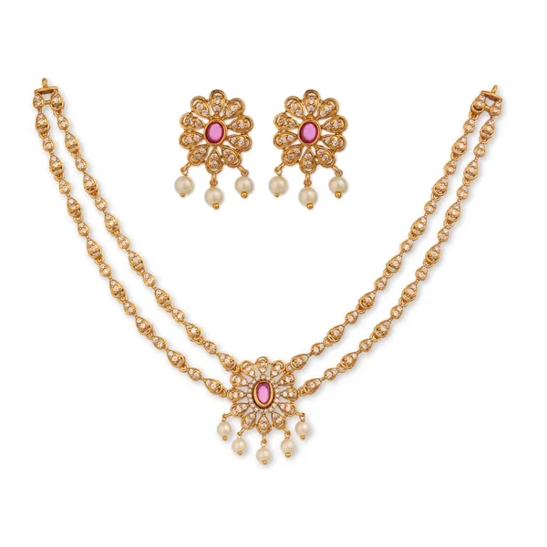 Gold_Plated_Double_Layer_Zircon_Choker_Necklace_Set_With_Earrings_(Ruby)