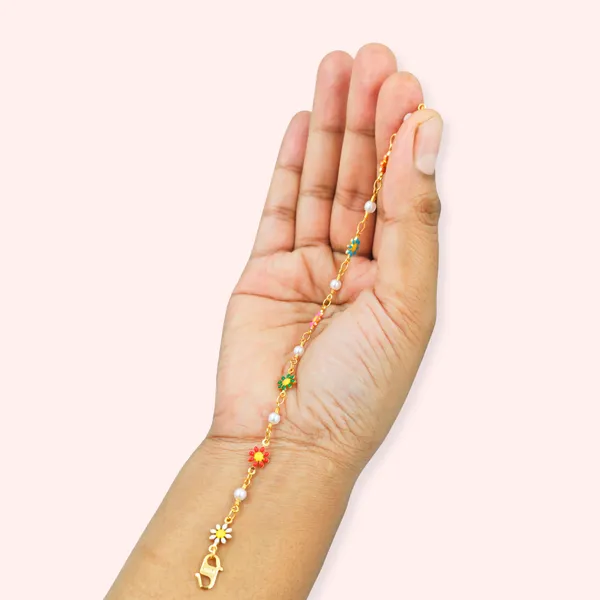 Gold_Tone_Multicolor_Enamel_Flower_Pearl_Charm_Bracelet_For_Girls