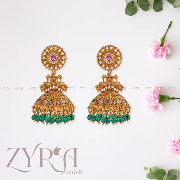 Gold_Plated_Jhumka_Earrings_With_Green_Beads_For_Women