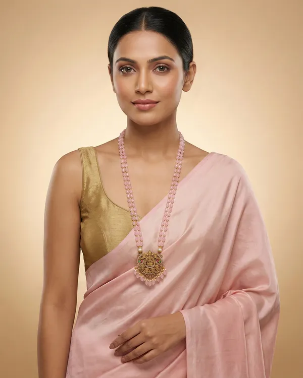 Pastel_Pink_Beaded_Double_Strand_Long_Necklace_With_Gold_Plated_Lakshmi_Pendant_For_Women
