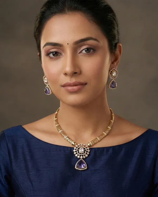 Antique_Gold_Moissanite_American_Diamond_Necklace_Set_With_Purple_Zircon