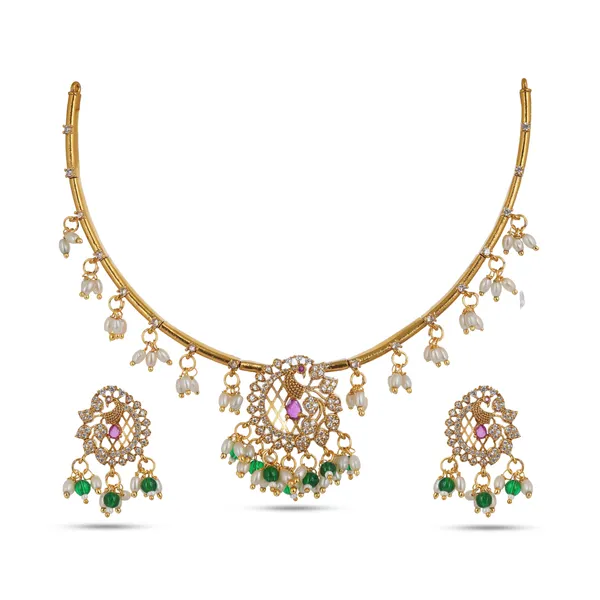 Antique_Gold_Plated_Brass_Cubic_Zirconia_Necklace_Set_With_Earrings