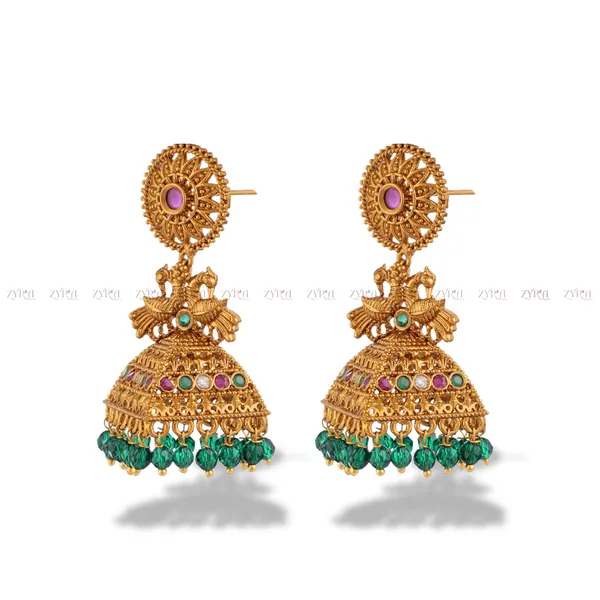 Gold_Plated_Jhumka_Earrings_With_Green_Beads_For_Women