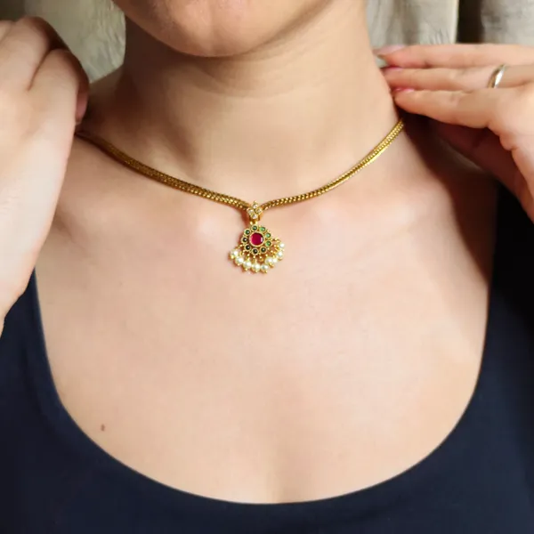 Gold_Plated_Pink_Green_Stone_Pearl_Drop_Necklace_Set_For_Women
