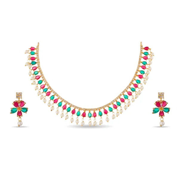 Gold_Plated_Multi_Color_Stone_Pearl_Drop_AD_Choker_Necklace_Set