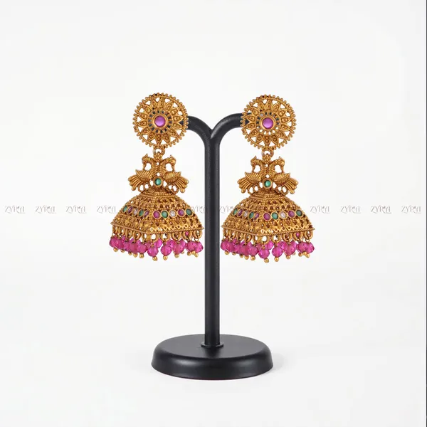 Gold_Plated_Jhumka_Earrings_With_Pink_Beads_And_Multicolor_Stones