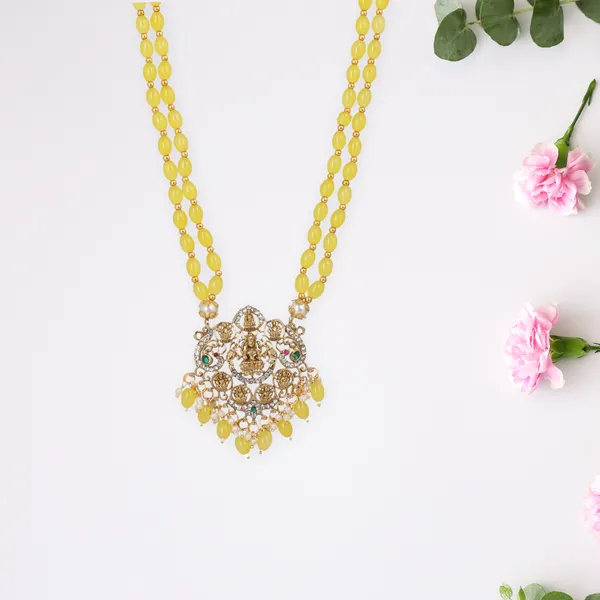 Yellow_Beaded_Double_Strand_Long_Necklace_With_Gold_Plated_Lakshmi_Pendant_For_Women