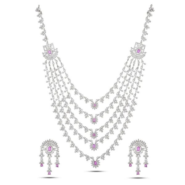 Silver_Pink_Stone_Multi-Layered_Necklace_Set_For_Women
