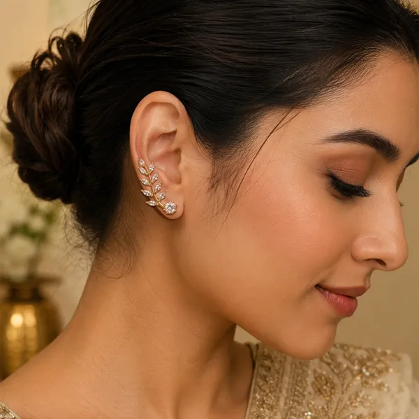AAA_Grade_Cubic_Zirconia_Studded_Gold_Plated_Leaf_Design_Ear_Cuff_Earring_
