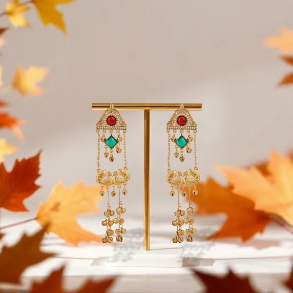 Gold_Plated_Kashmiri_Earrings_Cascade_Dangle_Design_With_Red_And_Green_Stones