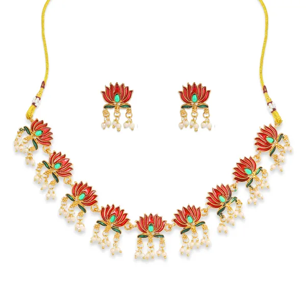 Gold_Plated_Copper_Floral_Pearl_Necklace_Set_With_Push_Back_Earrings