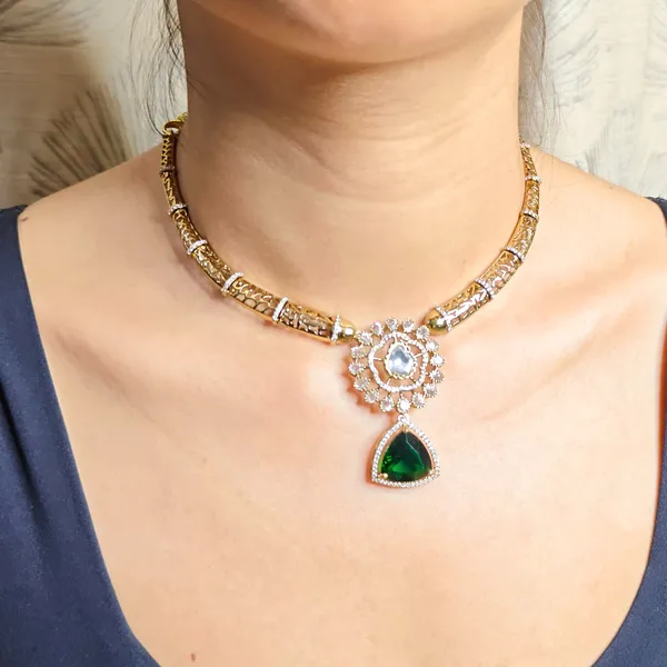 Gold_Tone_American_Diamond_Floral_Emerald_Green_Stone_Necklace_Set_For_Women