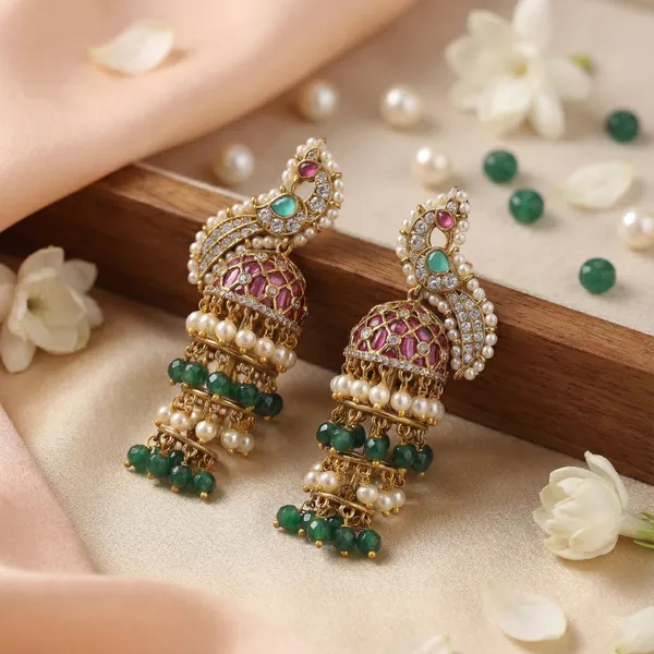 Gold_Plated_Peacock_Jhumka_Earrings_With_Pearls_And_Stones