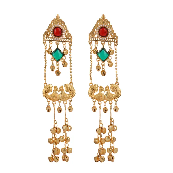 Gold_Plated_Kashmiri_Earrings_Cascade_Dangle_Design_With_Red_And_Green_Stones