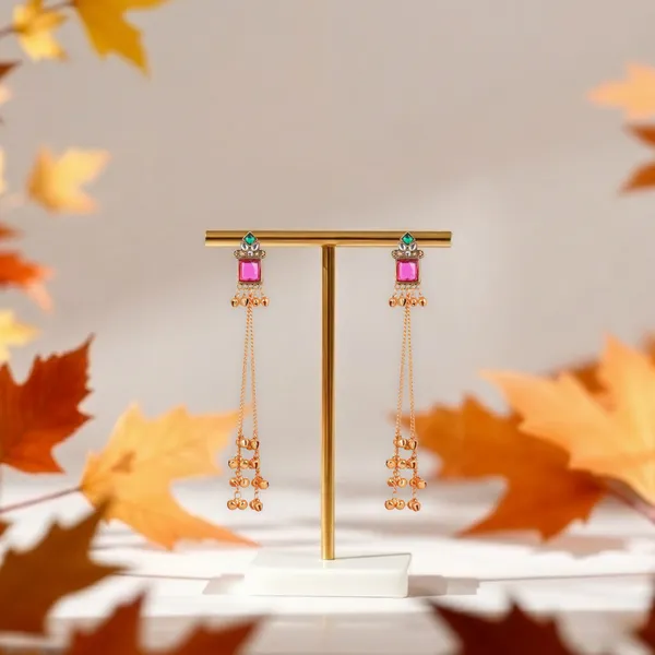 Gold_Tone_Pink_Green_Stone_Kundan_Long_Chain_Drop_Earrings_For_Women