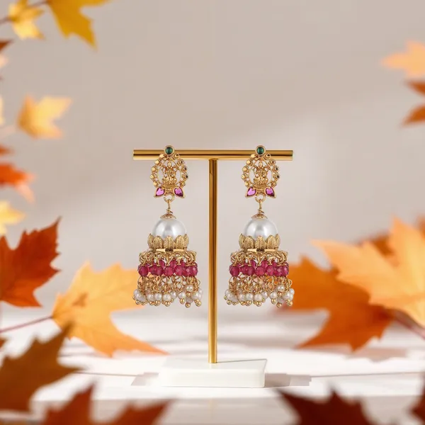 Pearl_&_Lakshmi_Jhumka_Earrings_Brass_Based_Micro_Gold_Plated