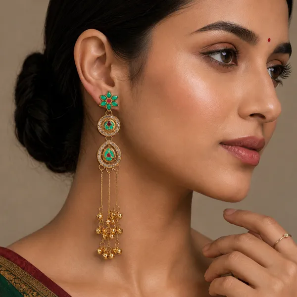 Gold_Plated_Kashmiri_Earrings_Green_Zircon_Kemp_Studded_Cascade_Dangle_Earrings