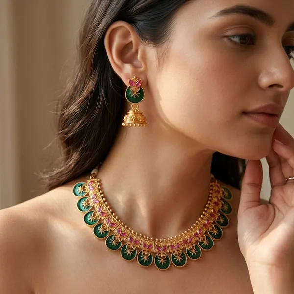 Green_Pink_Enamel_Meenakari_Gold_Plated_Necklace_Set_With_Jhumka_Earrings