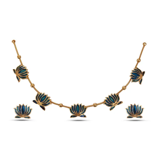 Gold_Plated_Brass_Blue_Lotus_Necklace_Set_For_Women