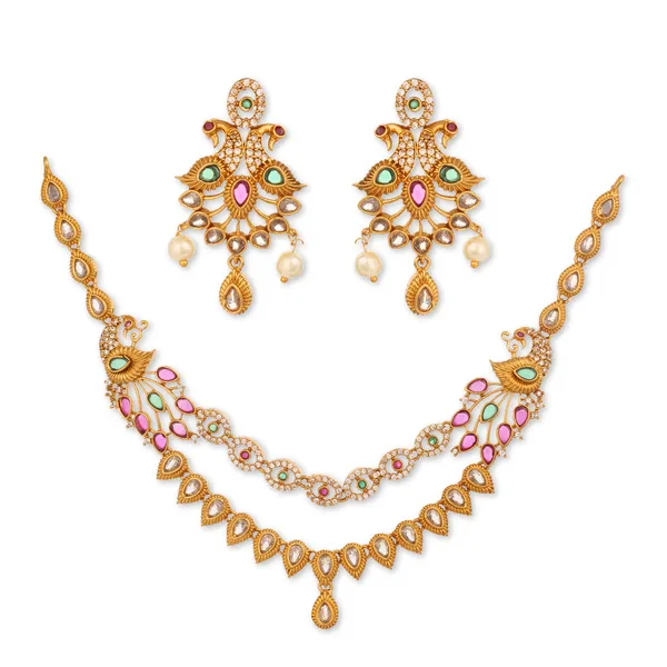 Antique_Gold_Brass_Zircon_American_Diamond_Necklace_Set_For_Women
