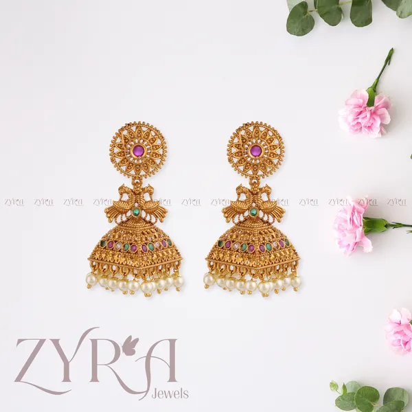 Gold_Antique_Jhumka_Earrings_With_Pearls_And_Gemstones_For_Women