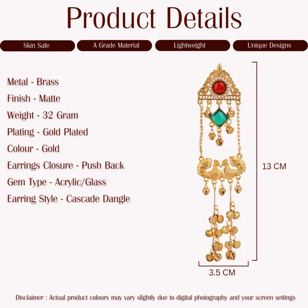 Gold_Plated_Kashmiri_Earrings_Cascade_Dangle_Design_With_Red_And_Green_Stones