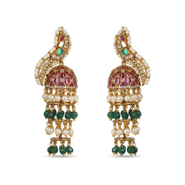 Gold_Plated_Peacock_Jhumka_Earrings_With_Pearls_And_Stones