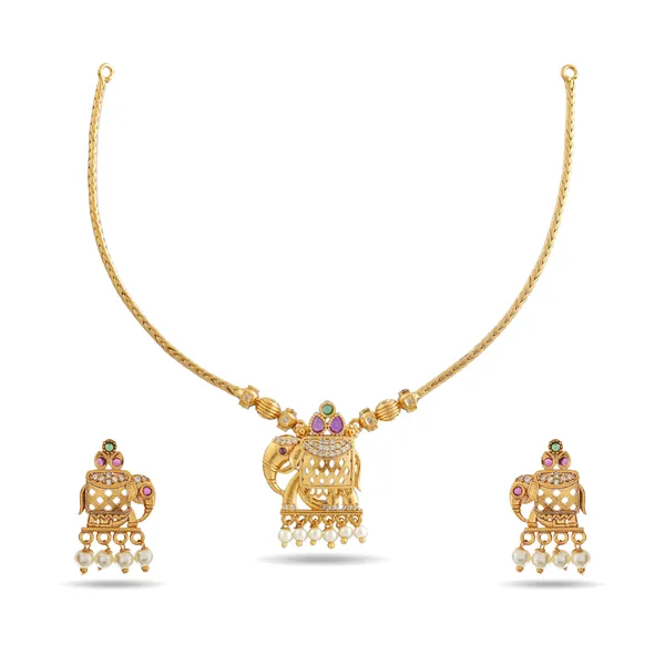 Gold_Elephant_Motif_Pearl_Drop_Necklace_Set_For_Women