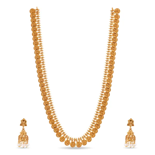 Gold_Plated_Coin_Design_Long_Necklace_Set_With_Pearl_Earrings