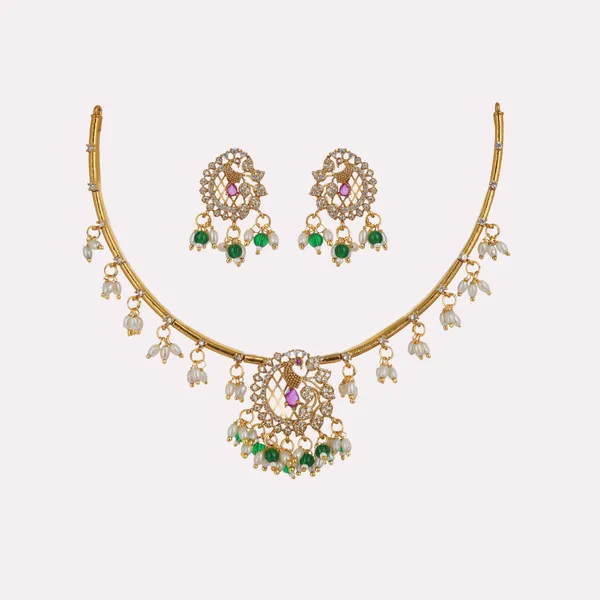 Antique_Gold_Plated_Brass_Cubic_Zirconia_Necklace_Set_With_Earrings