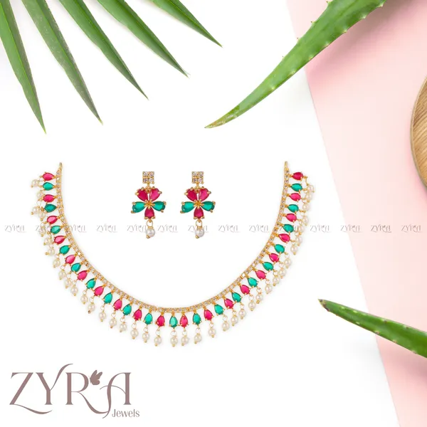 Gold_Plated_Multi_Color_Stone_Pearl_Drop_AD_Choker_Necklace_Set