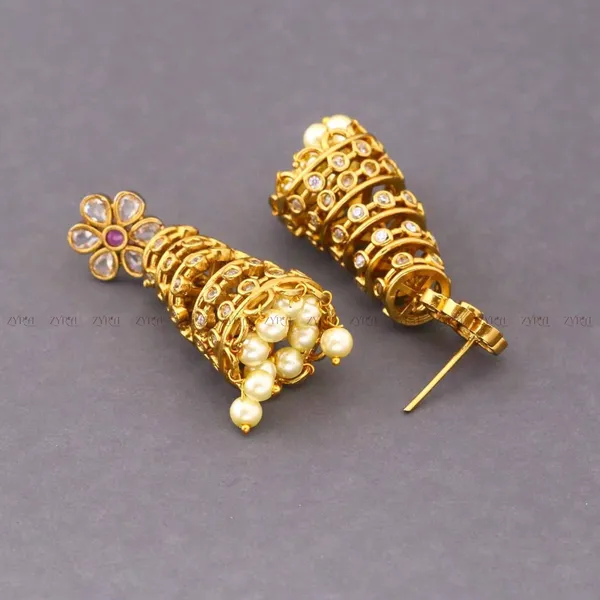 Antique_Gold_Plated_Zircon_Pearl_Jhumka_Earrings_For_Women