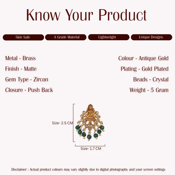 Green_Beads_&_Zircons_Studded_Gold_Plated_Lakshmi_Temple_jewellery_Earrings