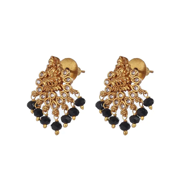 black_Beads_&_Zircons_Studded_Gold_Plated_Lakshmi_Temple_jewellery_Earrings