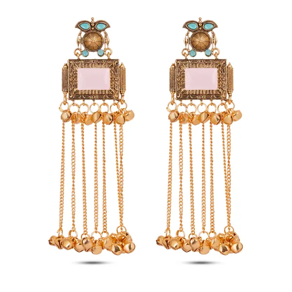 Gold_Pink_Turquoise_Stone_Jhumka_Tassel_Earrings_For_Women