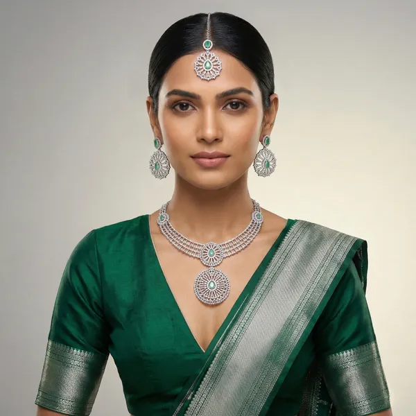 Silver_Green_Stone_Studded_Necklace_Earrings_Maang_Tikka_Set