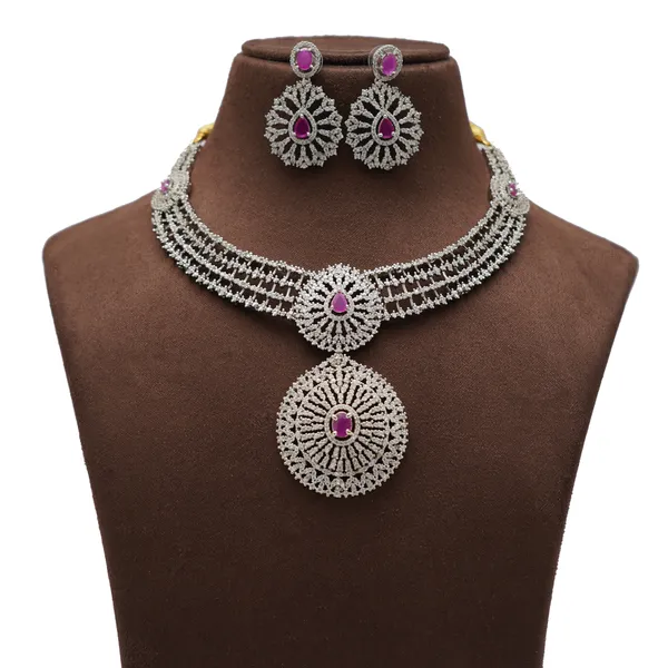 Silver_Rhodium_Plated_Pink_Zirconia_Bridal_Necklace_Set_For_Women