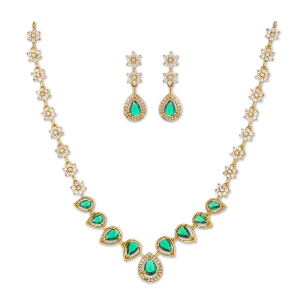 Gold_Green_Stone_Floral_Necklace_Set_With_Matching_Earrings
