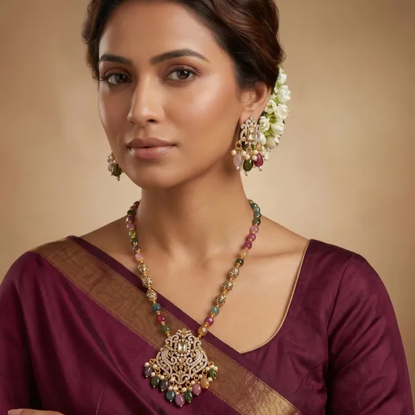 Cubic_Zirconia_Pendant_Gold_Plated_Multicolor_Stone_Long_Necklace_Set_With_Matching_Earrings