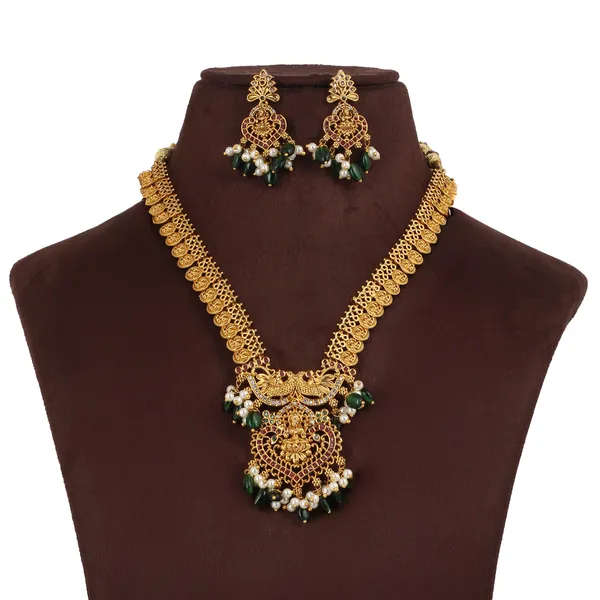 Antique_Gold_Plated_Brass_Long_Necklace_Set_With_Green_Ad_Stones