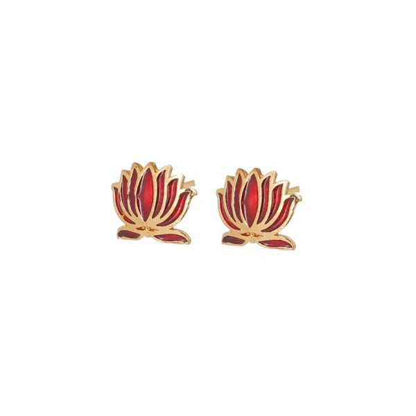 Gold_Tone_Red_Enamel_Lotus_Motif_Necklace_Earrings_Set